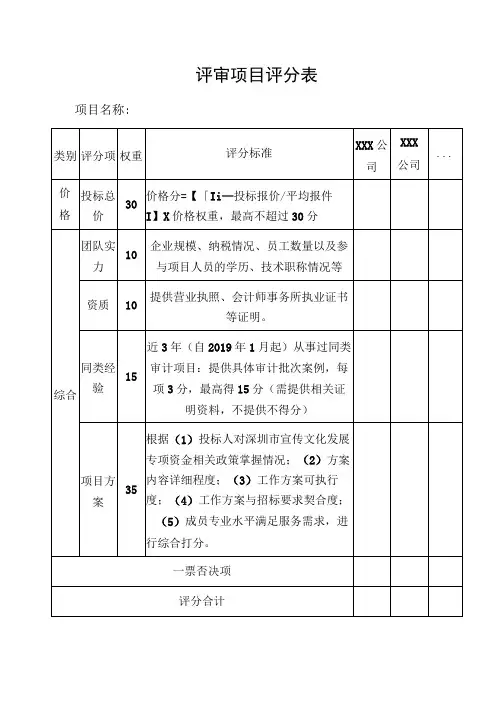 评审项目评分表