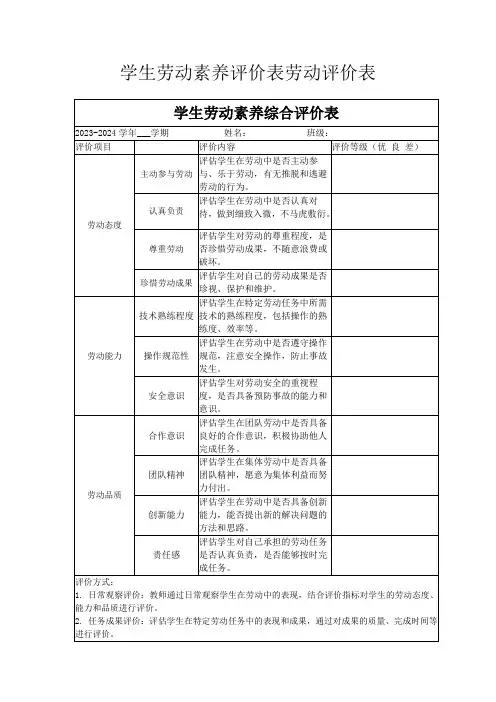 学生劳动素养评价表劳动评价表