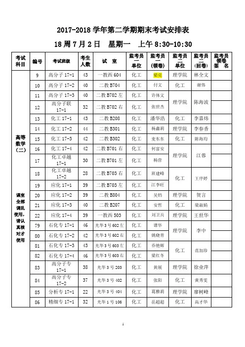 2017-2018学年第二学期期末考试安排表