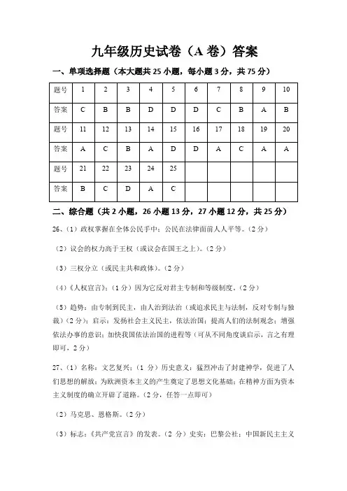 2018—2019 学年度第一学期期中考试九年级历史答案