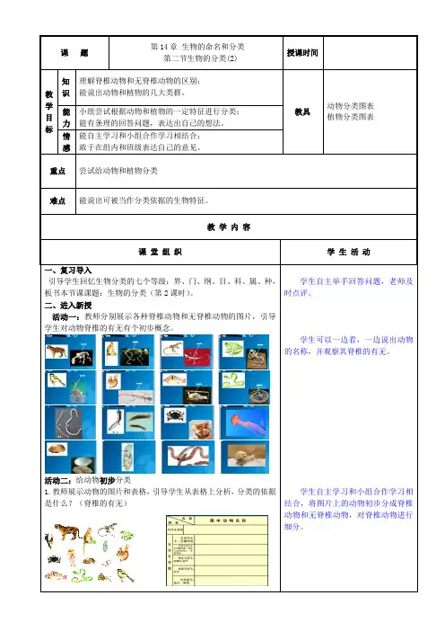七年级生物下册教案-5.14.1 生物的命名和分类9-苏科版