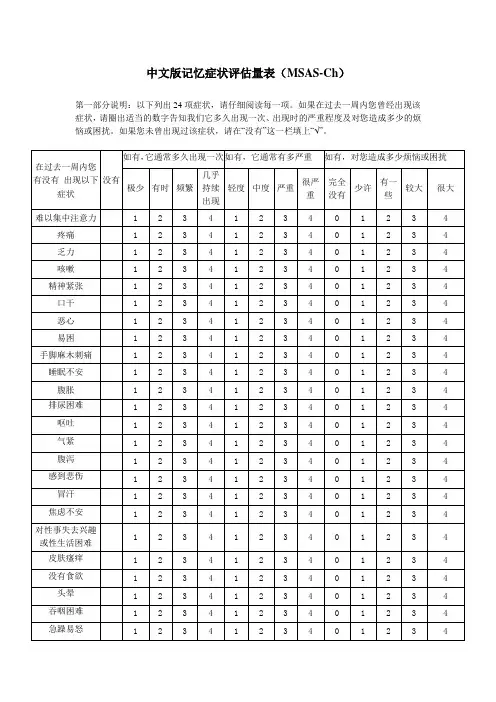 中文版记忆症状评估量表(MSAS-Ch)