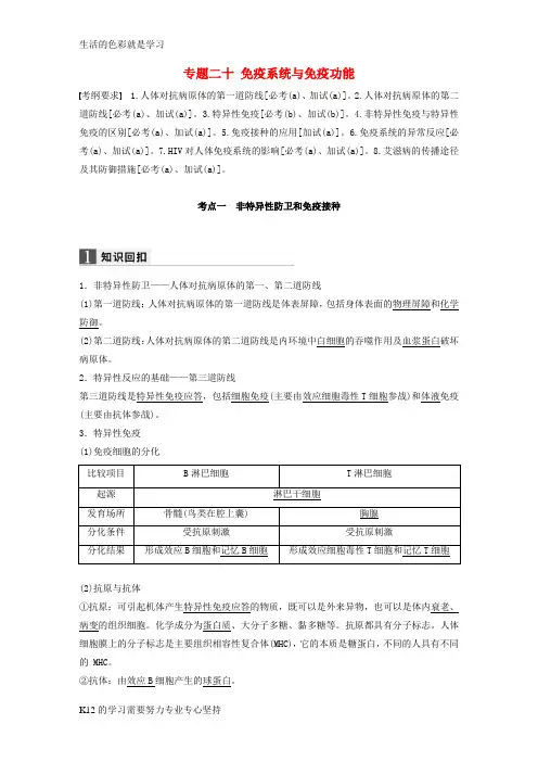 [推荐学习]高考生物二轮复习专题二十免疫系统与免疫功能试题