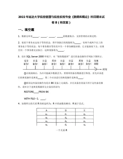 2022年延边大学信息管理与信息系统专业《数据库概论》科目期末试卷B(有答案)