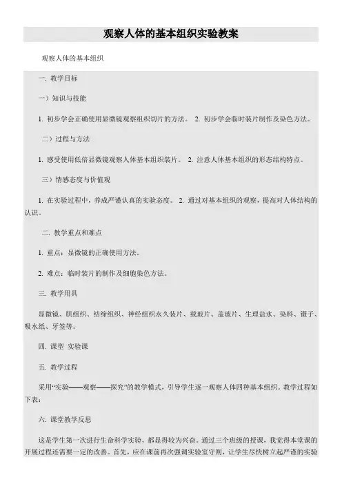 初中生物人教七年级上册(2023年更新)生物体的结构层次观察人体基本组织实验教案