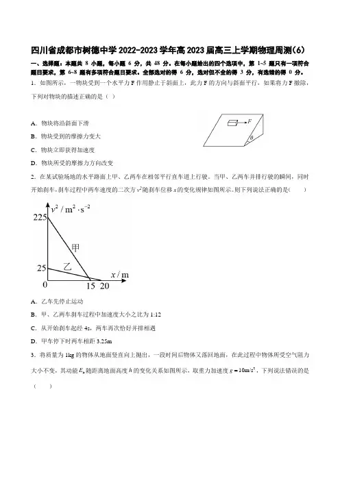 四川省成都市树德中学2022-2023学年高三上学期周测(6)物理试题