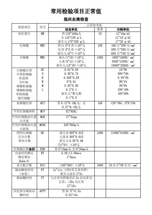 常用检验正常值