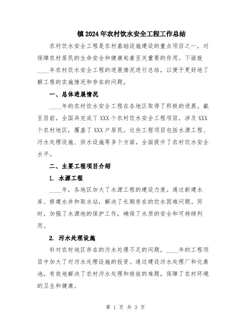 镇2024年农村饮水安全工程工作总结