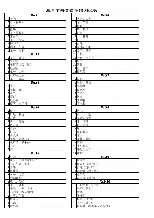 辽师大小学英语(三起)五年下册英语单词测试表