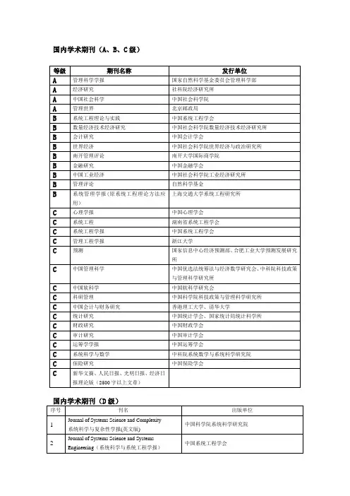 国内学术期刊(A、B、C、D级)