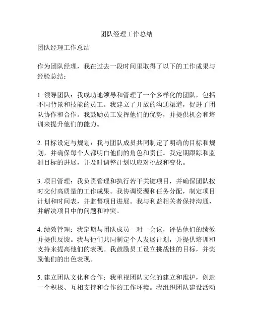 团队经理工作总结