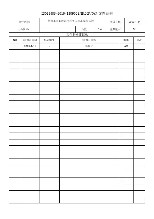 制剂车间B级洁净区更衣标准操作规程