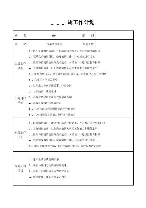 汽车销售经理周工作计划