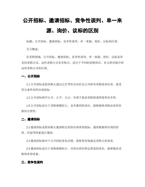 公开招标、邀请招标、竞争性谈判、单一来源、询价、议标的区别