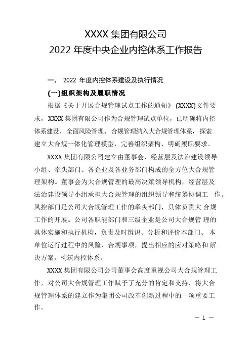 XX集团2022年度中央企业内控体系工作报告