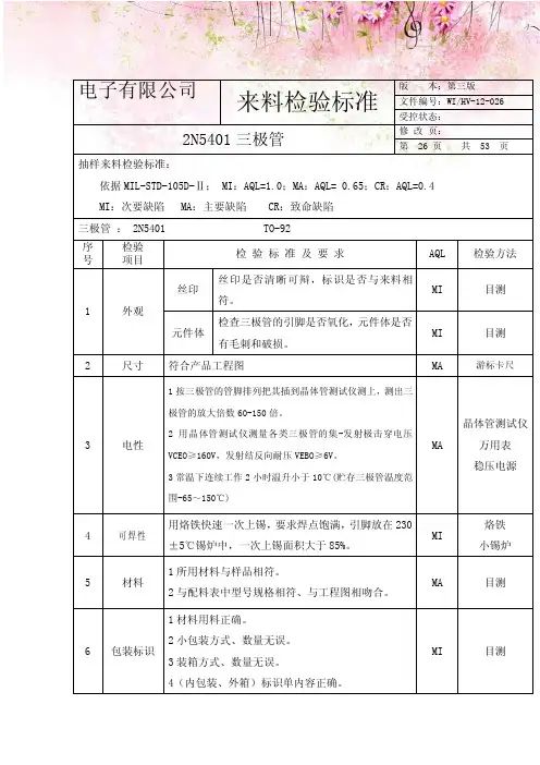 电子有限公司2N5401三极管来料检验标准