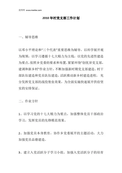 2010年村党支部工作计划