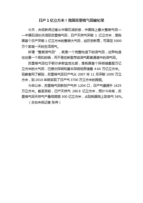 日产1亿立方米！我国苏里格气田破纪录