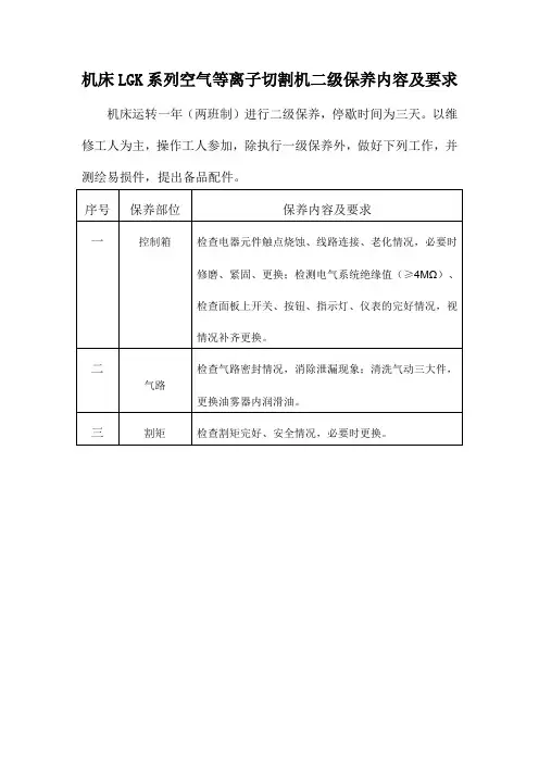 机床LGK系列空气等离子切割机二级保养内容及要求