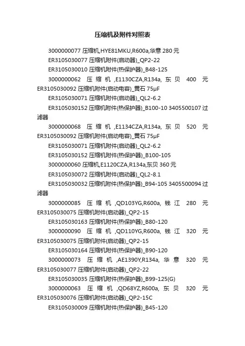 压缩机及附件对照表