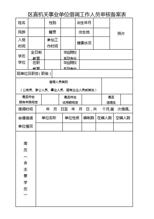 区直机关事业单位借调工作人员审核备案表(抽调人员样式表)