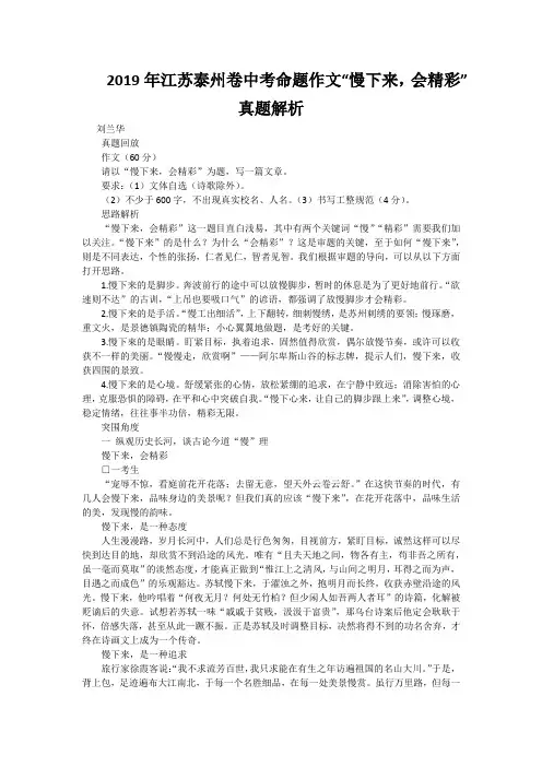 2019年江苏泰州卷中考命题作文“慢下来,会精彩”真题解析