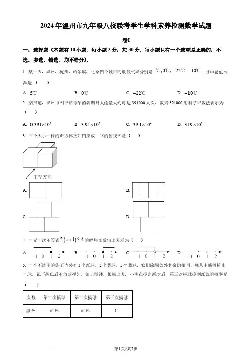 2024年浙江省温州市八校联考学生素养检测九年级数学试题(原卷版)