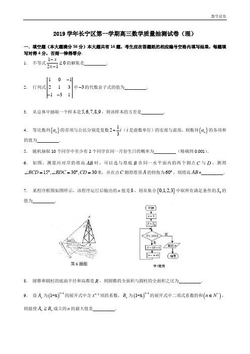 2019届上海长宁区高三一模考试(理)