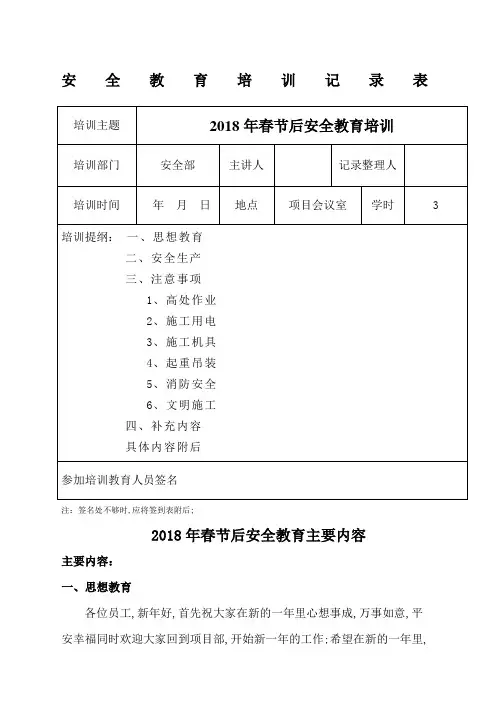 春节后复工安全教育培训内容记录