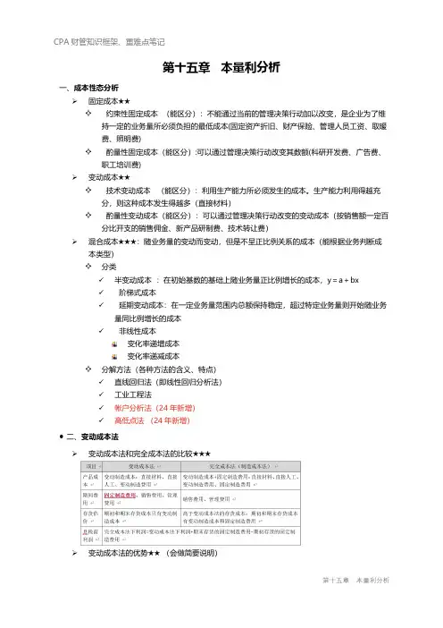 CPA财务成本管理知识框架笔记之第十五章 -本量利分析
