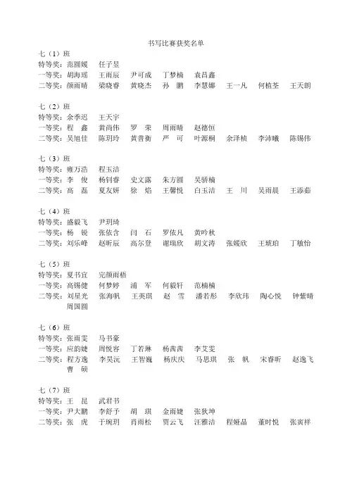七(26)班书法比赛获奖名单 - 合肥寿春中学