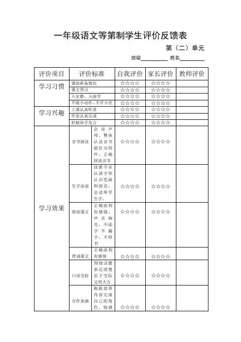 语文等第制学生评价反馈表