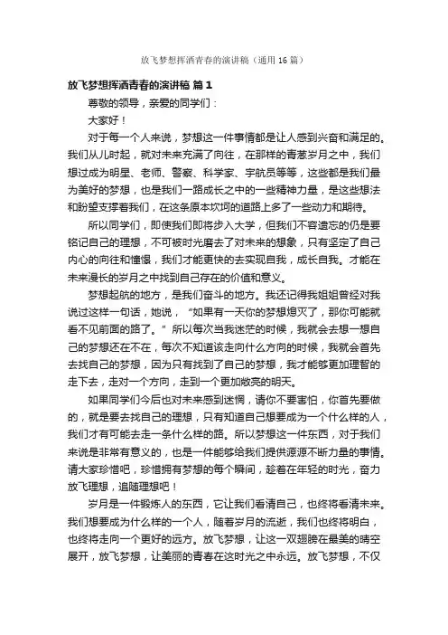 放飞梦想挥洒青春的演讲稿（通用16篇）