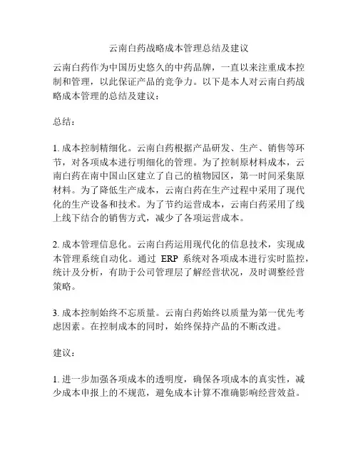 云南白药战略成本管理总结及建议