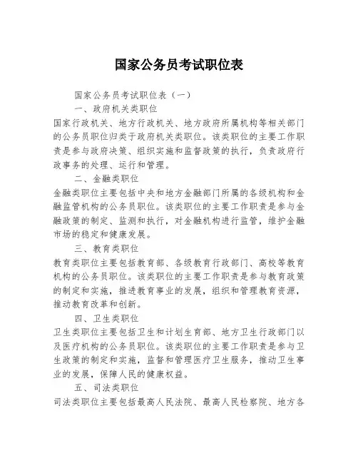 国家公务员考试职位表