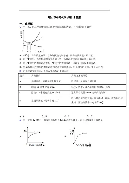 鞍山市中考化学试题 含答案