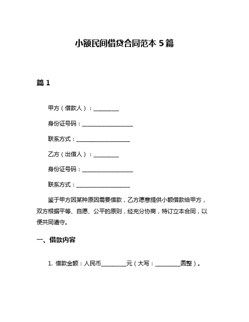 小额民间借贷合同范本5篇