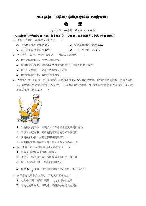 2023-2024学年下学期九年级物理开学摸底考(湖南专用)01(考试版)