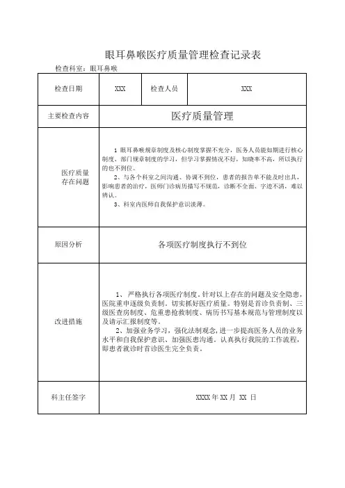 眼耳鼻喉医疗质量管理检查记录表