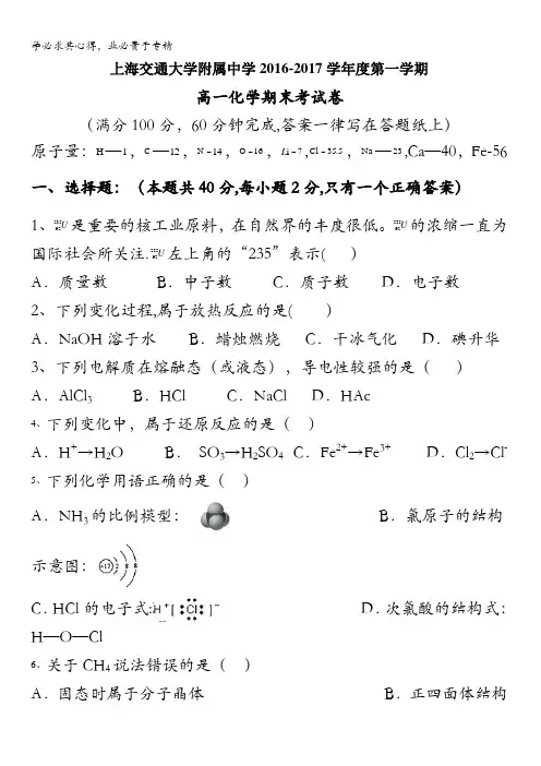 上海交通大学附属中学2016-2017学年高一上学期期末考试化学试题含答案