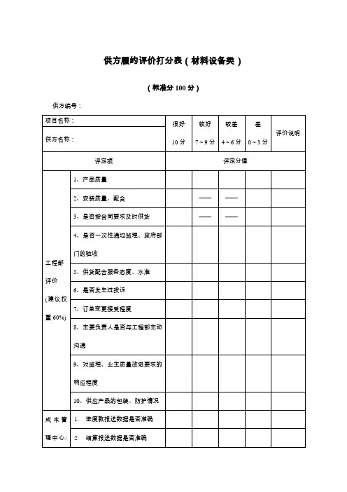 【固化】供方履约评价打分表(材料设备类)