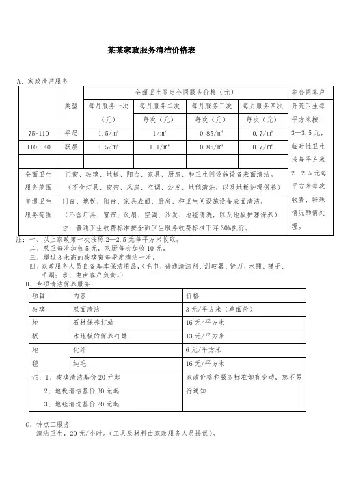 某某家政服务清洁价格表Word模板