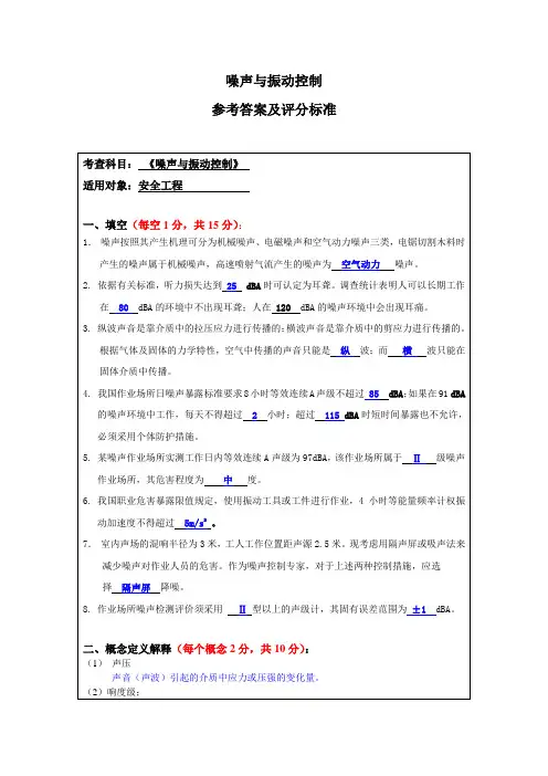 噪声与振动控制-答案及评分标准