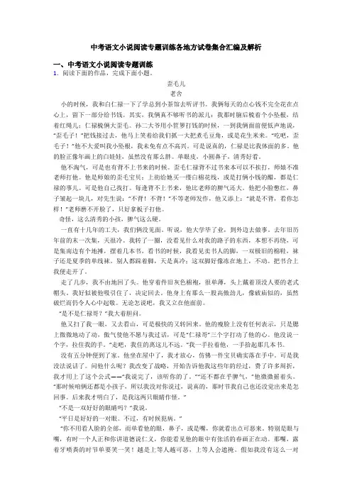 中考语文小说阅读专题训练各地方试卷集合汇编及解析