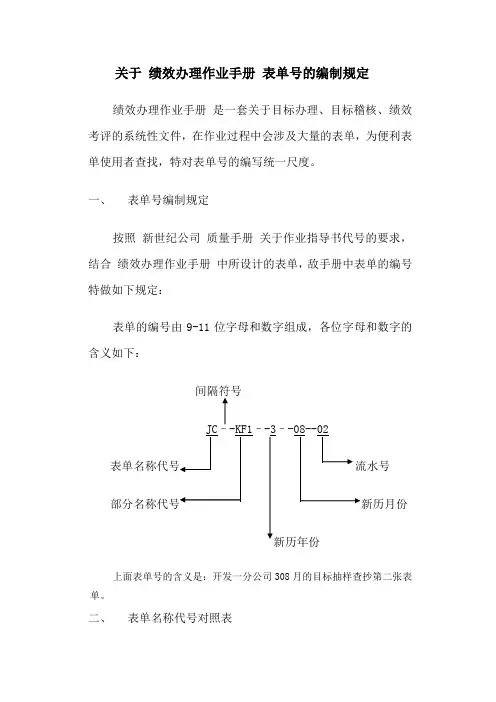 关于《绩效管理作业手册》表单号的编制规定
