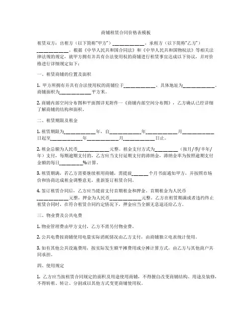 商铺租赁合同价格表模板