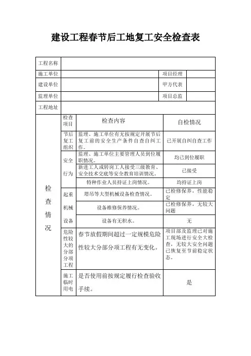 建筑工程节后复工安全自查表