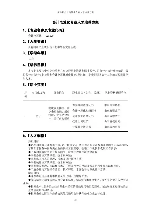 某中职会计电算化专业人才培养方案
