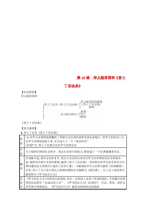人教版九年级历史上册第三单元封建时代的欧洲第10课拜占庭帝国和速记宝典知识点总结