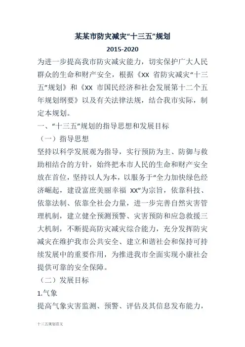某某市防灾减灾“十三五”规划